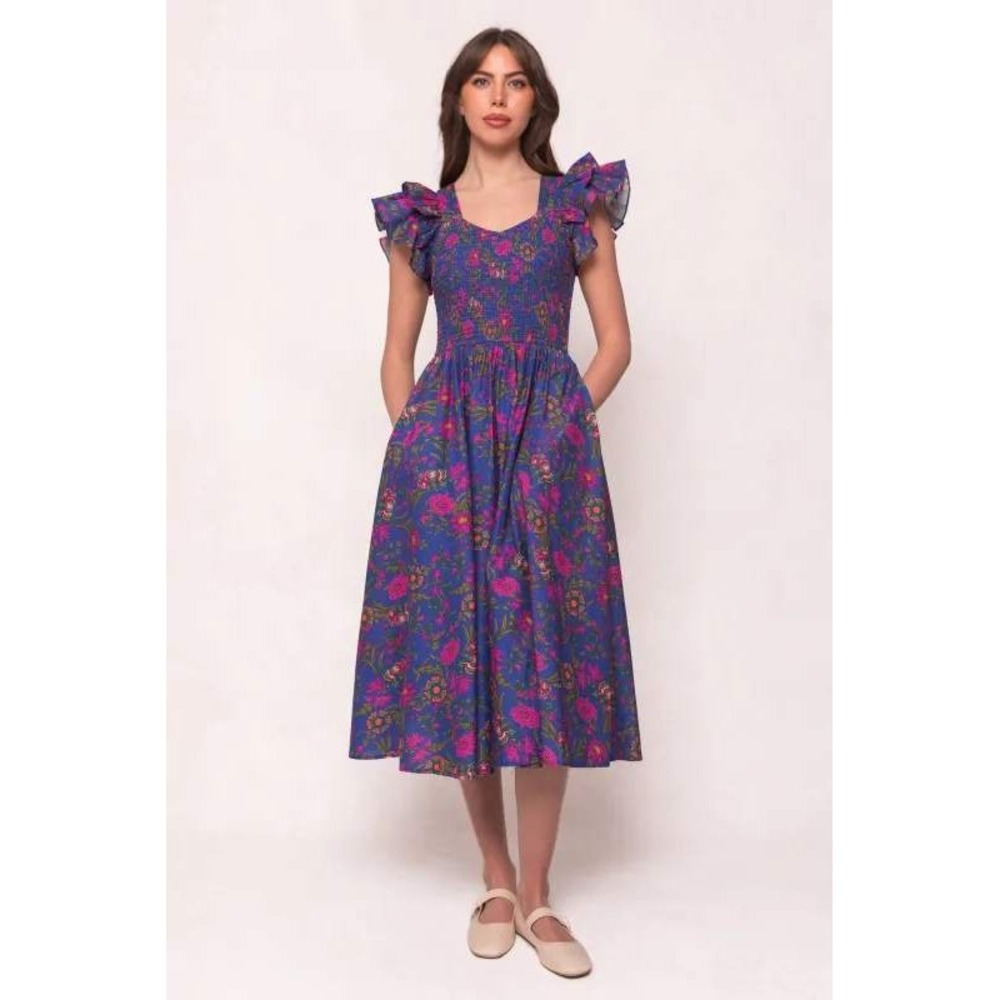 Ivy City Co. Hattie Floral Smocked Midi Dress Women's 2X Blue Pink Ruffle Cotton